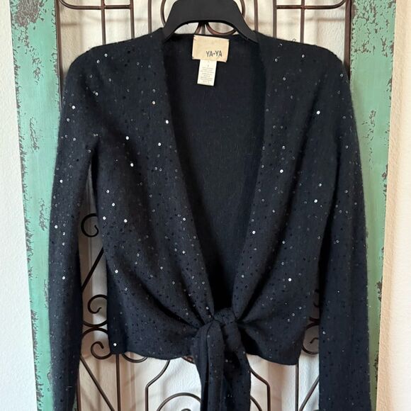 Ya Ya sequins on angora make a stunning wrap sweater! Black size small angora. - Picture 1 of 9